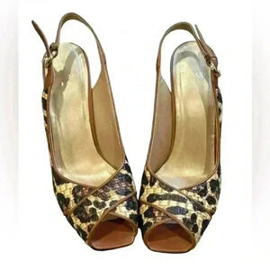 Stuart Weitzman Slingback Sandals Leopard  Print Leather Brown Womens Size 8.5